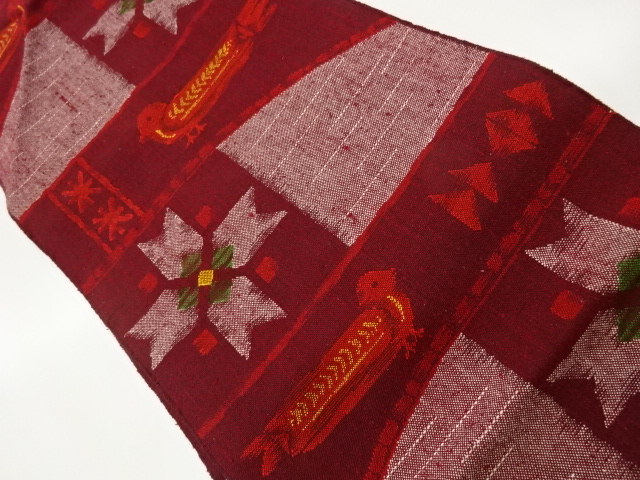 JAPANESE NAGOYA OBI / MAWATA TSUMUGI / WOVEN ABSTRACT FLOWER & BIRD